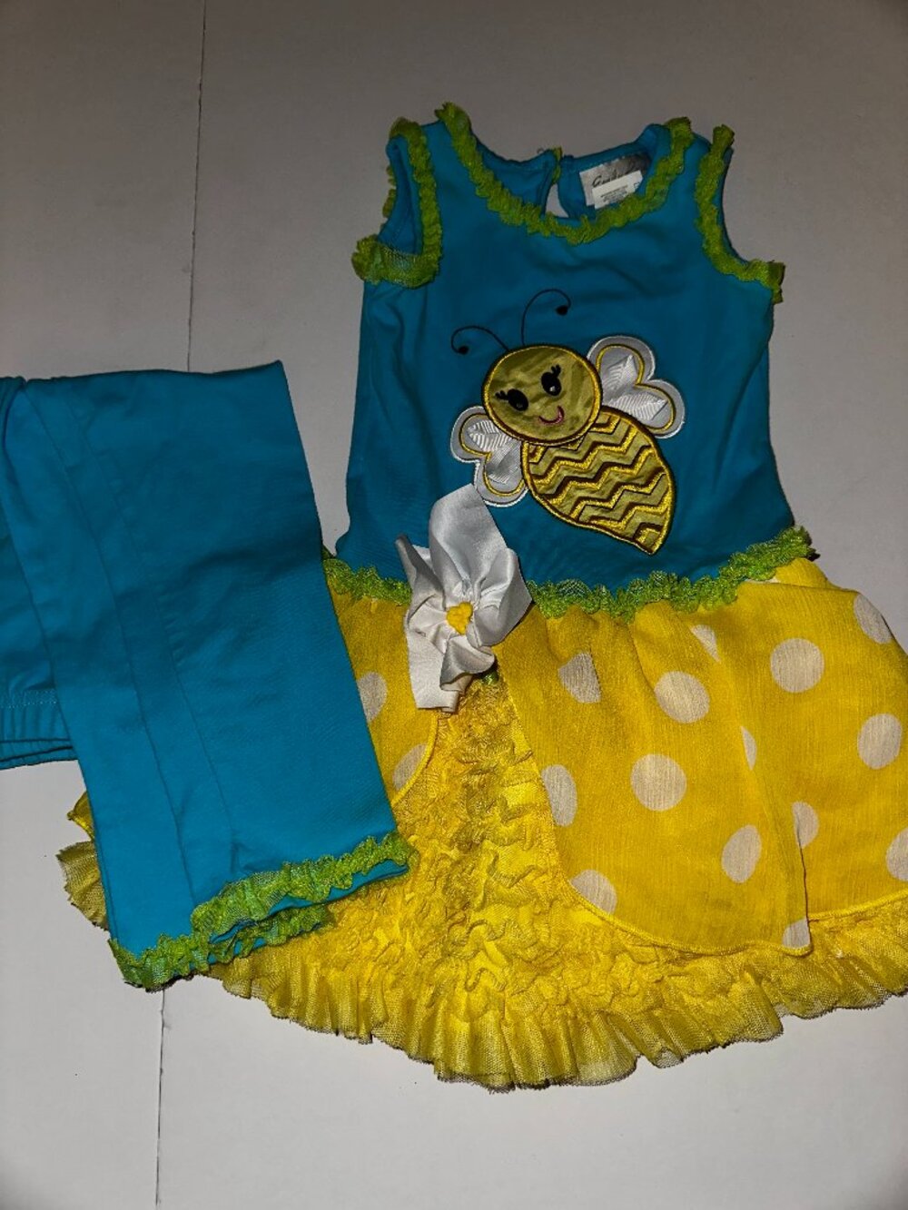 Emily Rose 2 Piece Girl’s Flower w/Bee Flare Top Ruffled Hem Pants Set Sz 4 EUC